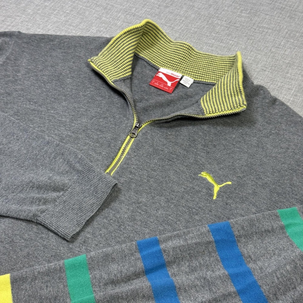 PUMA 1/4 Zip Sweater Pullover Mens Large Gray Collared Long Sleeve